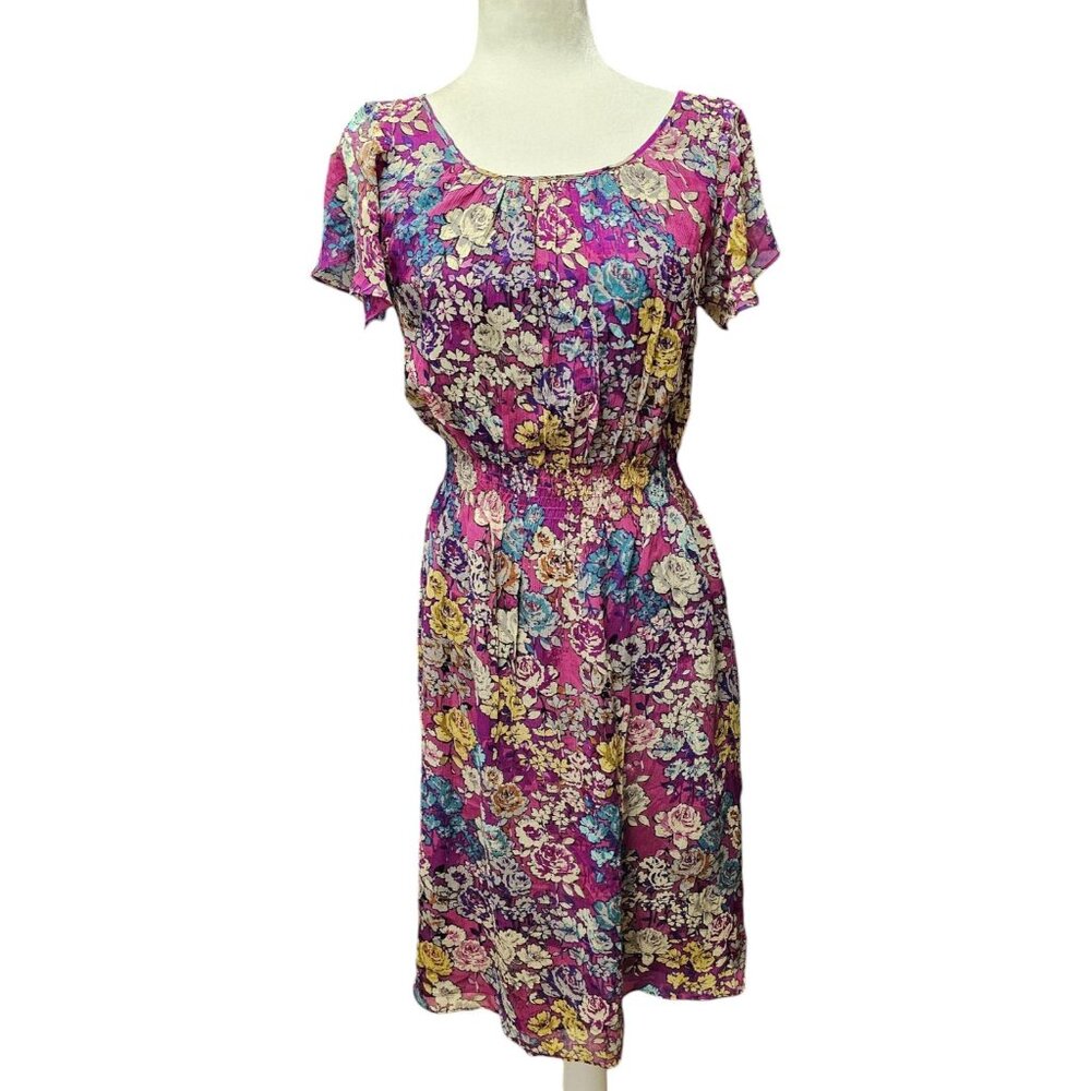 SUNDANCE 100% Silk Floral Smocked Dress Size‎ 2 Midi Short Sleeve Multicolor